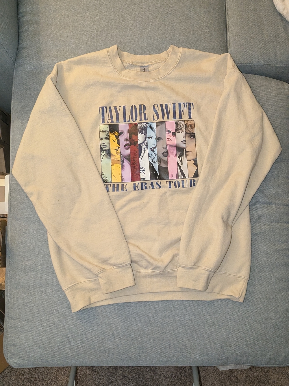 Gildan Cream Taylor Swift Eras Tour Crewneck with Multicolor Panel Graphic
